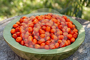 Ripe sea buckthorn berries in wooden bowl, closeup