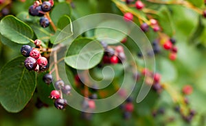 Ripe shadberry berries on branch in the garden, from above