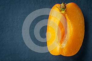 Ripe single apricot fruit slice cut open over dark background closeup