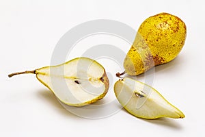 Ripe single pear. Fresh whole fruit, half sliced, seeds. Isolated on white background