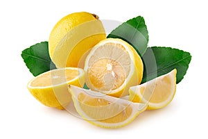 Ripe slice of yellow lemon citrus fruit isolated over white background