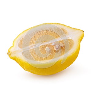 Ripe slice of yellow lemon citrus fruit isolated over white background