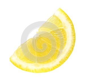 Ripe slice of yellow lemon fruit isolated on white background.