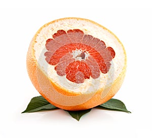 Ripe Sliced Grapefruit with Leaves Isolated