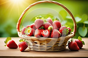 ripe strawberries, on the background of a strawberry field, orchard, sunny day