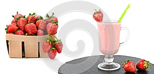 Ripe strawberries in a basket and Glass with strawberry smoothie isolated on whit. There is free space for text. Collage. Wide