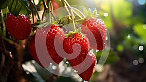 Ripe strawberries on a branch in the garden. Selective focus