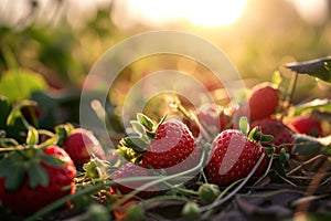 ripe strawberries glowing in the warmth of sunrise, highlighting the freshness of the farm produce