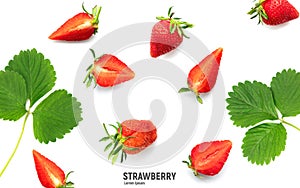 Ripe strawberries with green leaves, isolated on white background, summer berry, top view