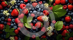 strawberries, raspberries, and blueberries in a flourishing garden photo