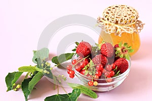 Ripe strawberries and red currants in a glass cup, a jar of jam, a linden branch on a white background, side view, a place for