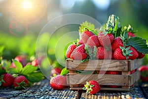 Ripe strawberries in a rustic wooden basket for fresh, organic appeal and farm fresh charm.