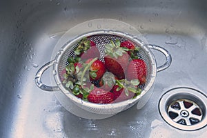 Ripe strawberries in a small stainless steel colander in a kitchen sink