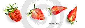 Ripe strawberries on white background, summer berry, top view