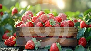 Ripe strawberries in a wooden box in the garden. Gardening and healthy eating concept