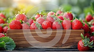 Ripe strawberries in a wooden box in the garden. Gardening and healthy eating concept