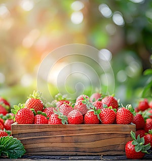 Ripe strawberries in a wooden box in the garden. Gardening and healthy eating concept