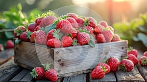 Ripe strawberries in a wooden box in the garden. Gardening and healthy eating concept