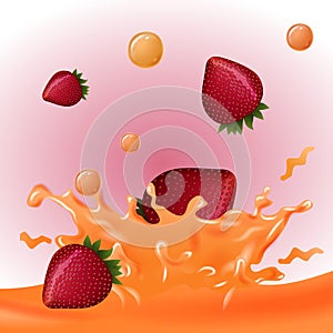 Ripe Strawberry Drops in Orange Juice. Vector.