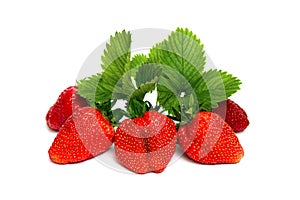 Ripe strawberry garden strawberry, Fragaria x ananassa with leaves on a white background