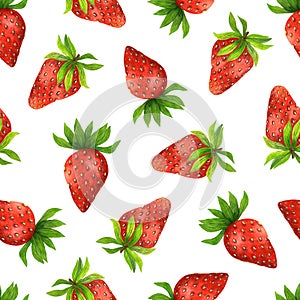 Ripe strawberry seamless watercolor pattern. Red sweet berry with leaves isolated on white background. Hand drawn