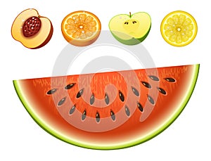 Ripe striped watermelon realistic juicy fruits slice apple vector illustration slice green isolated ripe melon.