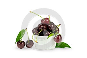 Ripe sweet cherries bowl with leaves in water drops. Design element for product label, catalog print. Isolated on white