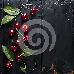 Ripe sweet cherry berry with leaves in a pan on a black wooden board. Red, ripe sweet cherries on a wooden board. Cherry tree