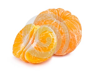 Ripe sweet peeled mandarin and mandarin slices isolated on white background.
