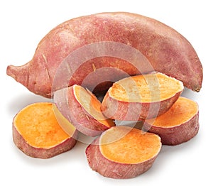 Ripe sweet potato tubers with sweet potato pieces isolated on white background
