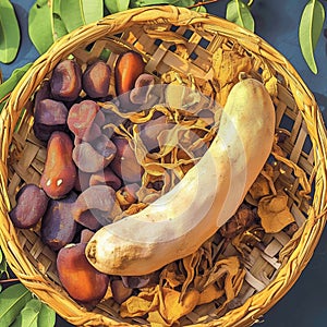 Ripe tamarind pod and dried fruit arranged attractively in basket