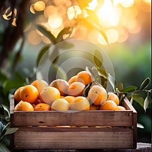 Ripe tangerines and oranges in a wooden box