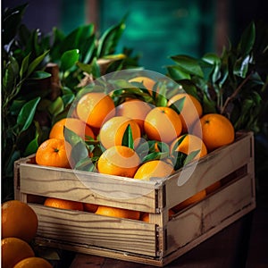 Ripe tangerines and oranges in a wooden box