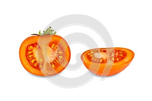 Ripe tomato cut in half, isolated on white background