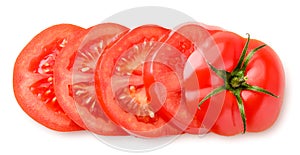 Ripe tomato cut into rings on a white background. The view from top