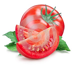 Ripe tomato with leaves and tomato slices isolated on white background