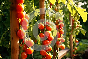 A ripe tomato plant with bright red tomatoes growing in a garden