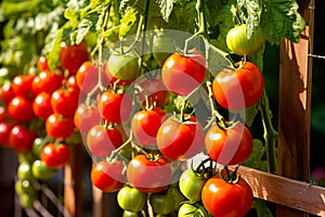 A ripe tomato plant with bright red tomatoes growing in a garden