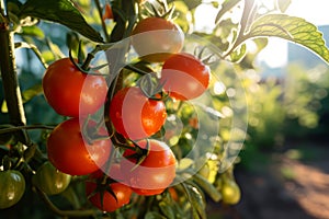 A ripe tomato plant with bright red tomatoes growing in a garden