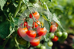 A ripe tomato plant with bright red tomatoes growing in a garden