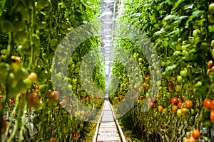 Ripe tomato plant growing in greenhouse