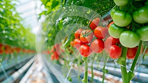 Ripe tomato plant growing in greenhouse. Tasty red heirloom tomatoes. Blurry background and copy space. Generative AI