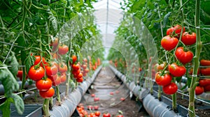 Ripe tomato plant growing in greenhouse. Tasty red heirloom tomatoes. Blurry background and copy space. Generative AI