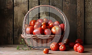 Ripe tomatoes in a basket on table, still life in rustic style.