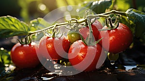 ripe tomatoes on branch with water drops