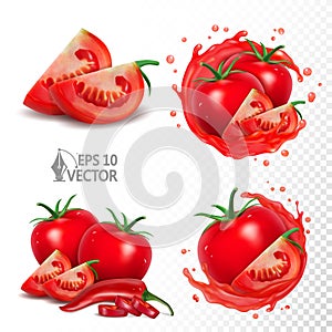 Ripe tomatoes and chili peppers, realistic tomato juice splash, natural tomato set isolated on white background, 3d vector