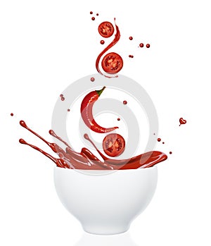 Ripe tomatoes and chilli pepper fall into bowl with splashing red tomato sauce or soup, isolated on white background, 3d rendering