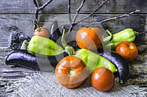 Ripe tomatoes, eggplant and peppers on of burnt boards