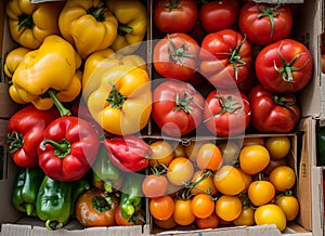 Ripe tomatoes and yellow peppers in cardboard boxes at the market, close up. On vines, blurred background of vegetables