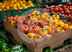 Ripe tomatoes and yellow peppers in cardboard boxes at the market, close up. On vines, blurred background of vegetables